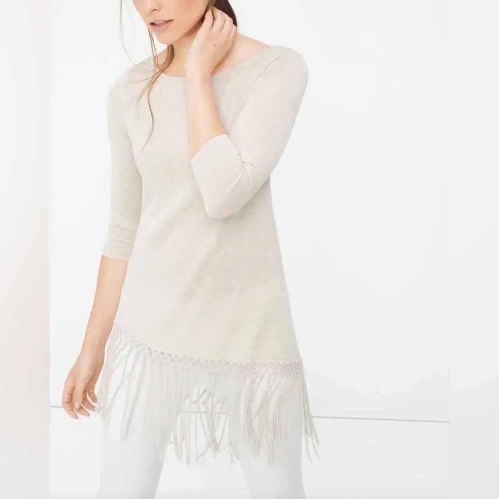 White House Black Market Gold Metallic Fringe Asymmetrical Hem Tunic Top XS‎